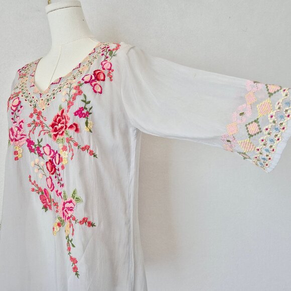 Johnny Was Floral Embroidered Semi Sheer Chiffon Tunic Blouse 3/4 Sleeve - Picture 5 of 14